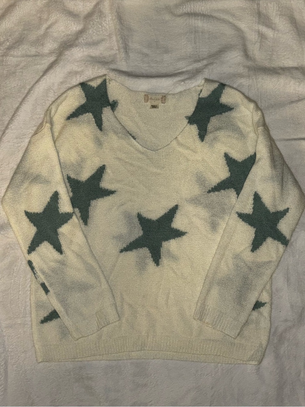 Altar'd State Cream V-Neck Sweater with Green Star Print